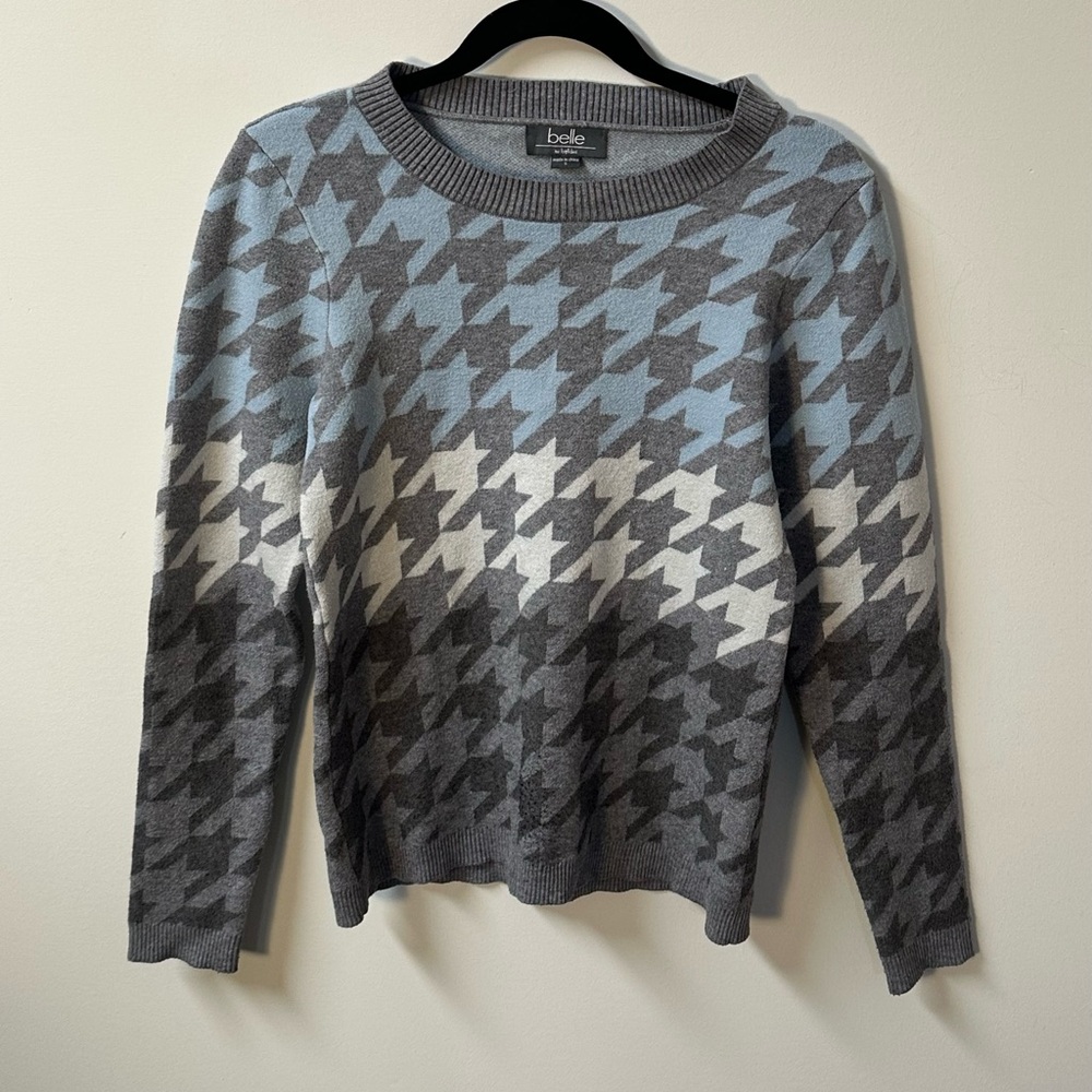 BELLE BY BELLADINI women's blue white grey houndstooth crewneck sweater, S.